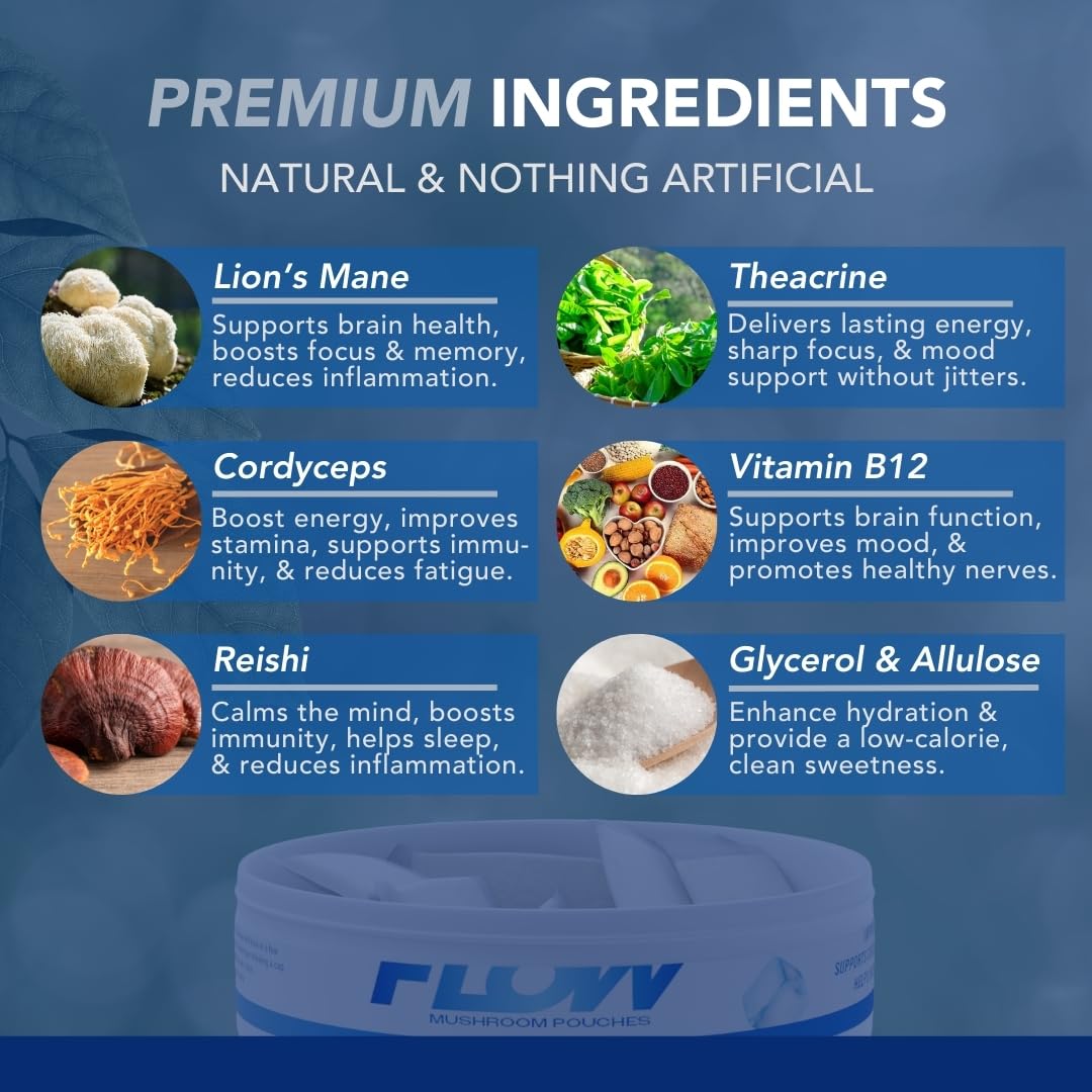 Flow Pouches Mushroom Nootropic Pouches - 600mg Organic Mushroom Energy Ultra Pouches with Lion's Mane, Reishi, Cordyceps for Focus & Clean Energy - Zero Caffeine or Sugar (5 Can Pack, Cool Mint) Flow PouchesBuy Supplements Australia