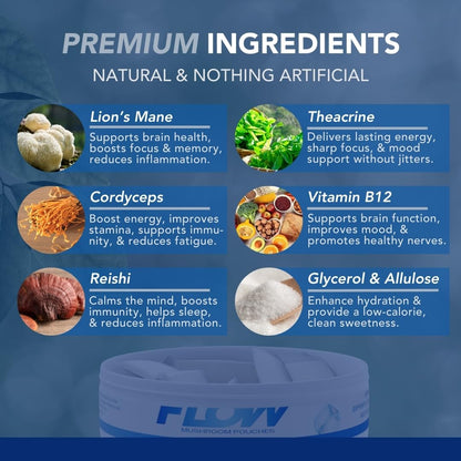 Flow Pouches Mushroom Nootropic Pouches - 600mg Organic Mushroom Energy Ultra Pouches with Lion's Mane, Reishi, Cordyceps for Focus & Clean Energy - Zero Caffeine or Sugar (5 Can Pack, Cool Mint) Flow PouchesBuy Supplements Australia