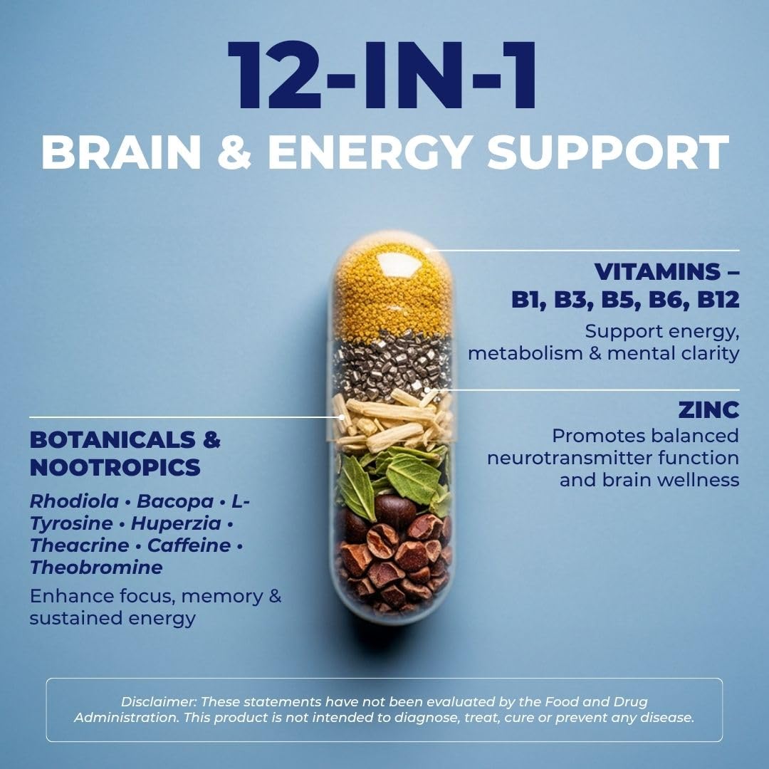 Vital Nootropic 12-in-1 Brain Supplement for Memory, Focus & Energy Support – L-Tyrosine, Bacopa, Rhodiola, Caffeine, B Vitamins – Cognitive Balance Capsules for Men & Women-30 Days Supply VITAL NUTRITIVEBuy Supplements Australia