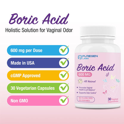 Puregen Labs Boric Acid 600 mg Vaginal Suppositories - 100% Pure | All Natural Without Dyes or Fillers P Puregen LabsBuy Supplements Australia
