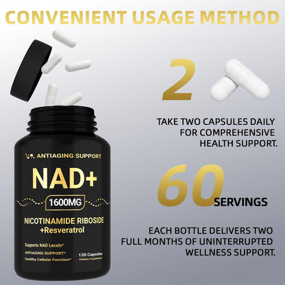 NAD Supplement 1600mg, NAD+ with Resveratrol & Nicotinamide Riboside, Anti-Aging Support, Cellular Energy & Mental Clarity Support, Vegan Non-GMO, 120 Capsules ANTIAGING SUPPORTBuy Supplements Australia