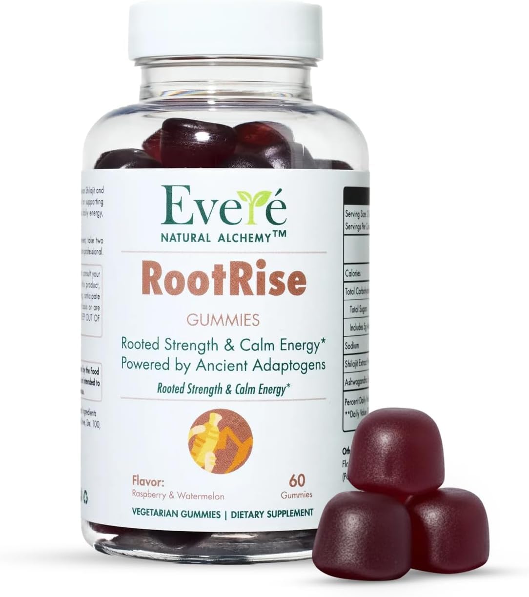 Bottle of Evere RootRise Gummies with gummies on a white background