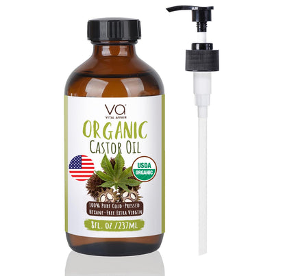 VITAL AFFAIR Castor Oil Organic Cold Pressed Unrefined Glass Bottle- USDA Certified Organic Castor Oil