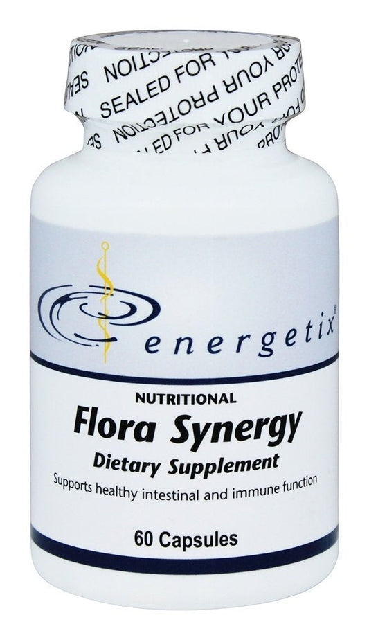 Energetix Flora Synergy dietary supplement bottle on a white background