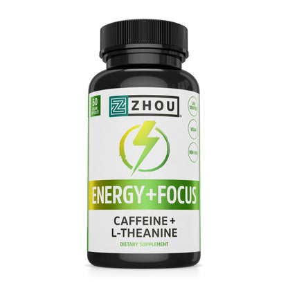 Zhou Energy + Focus - L Theanine Caffeine Pills, 200mg L-Theanine, 100mg Natural Anhydrous Caffeine Boost for Adults, Men & Women, Slow Extended Release - 60 Vegetarian Capsules (Pack of 1) ZHOUBuy Supplements Australia