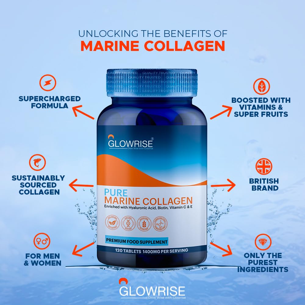 Pure Marine Collagen 120 Tablets 1400mg - Premium Blend with Hyaluronic Acid, Biotin, Vitamin C & E GLOWRISEBuy Supplements Australia