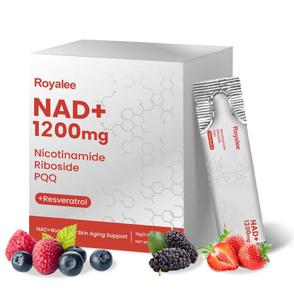 Royalee NAD+ supplement packaging with berries on a white background