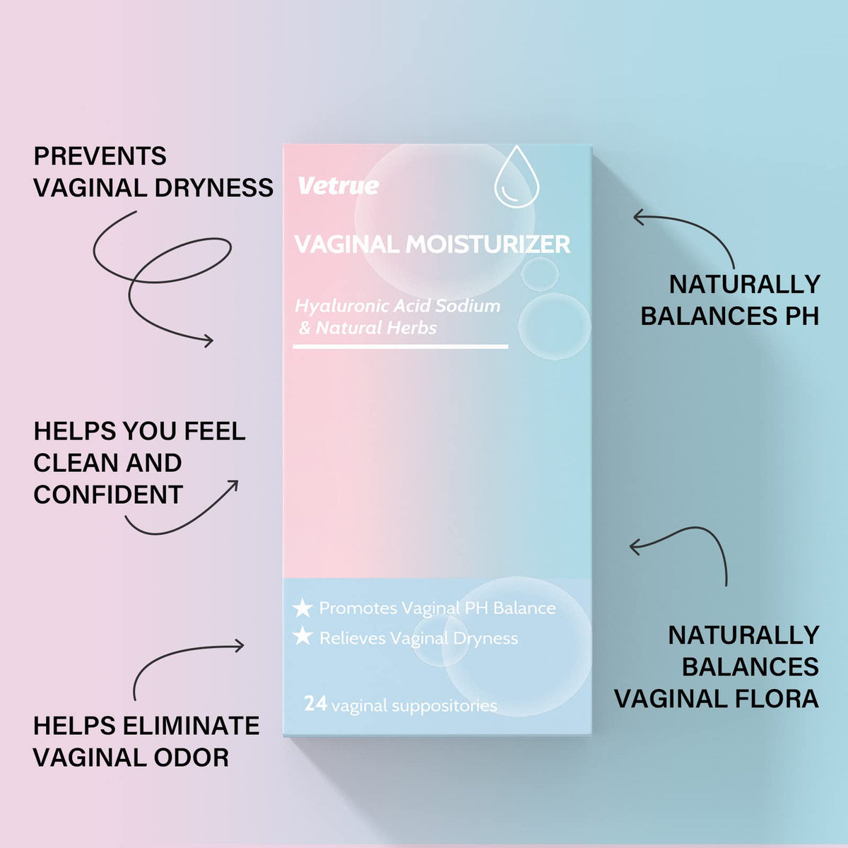 Intimate Moisturizer, Vaginal Suppository for Dryness & Discomfort, Feminine Long Lasting Hydration Support with Hyaluronic Acid and Natural Herbs - PH Balance, Estrogen and Drug Free (24 Inserts) vetrueBuy Supplements Australia