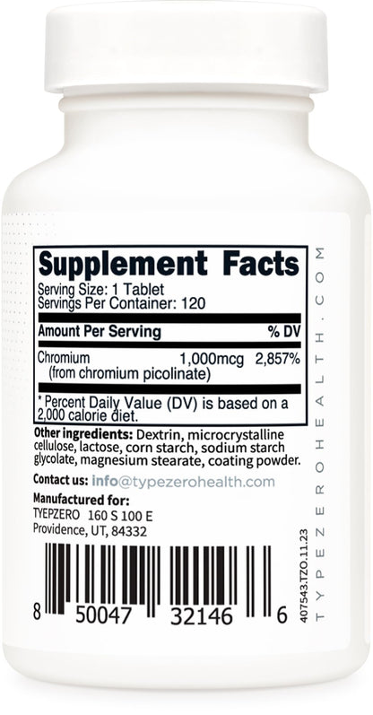 Type Zero Clean Chromium Picolinate Tablets (120 Servings, 1,000 MCG Per Serving) - Non-GMO, Gluten Free Type ZeroBuy Supplements Australia