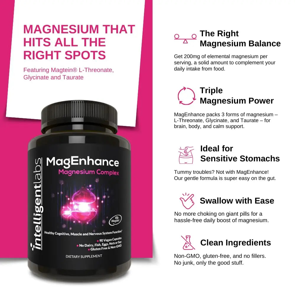Intelligent Labs MagEnhance Magtein Magnesium Complex Supplement L-Threonate with Magnesium Glycinate and Taurate, 90 Capsules Intelligent Labs canada supplements