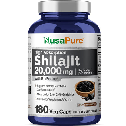 NusaPure Shilajit 20,000mg per Serving, 180 Veggie Caps, Non-GMO, Gluten Free, Bioperine NusaPureBuy Supplements Australia