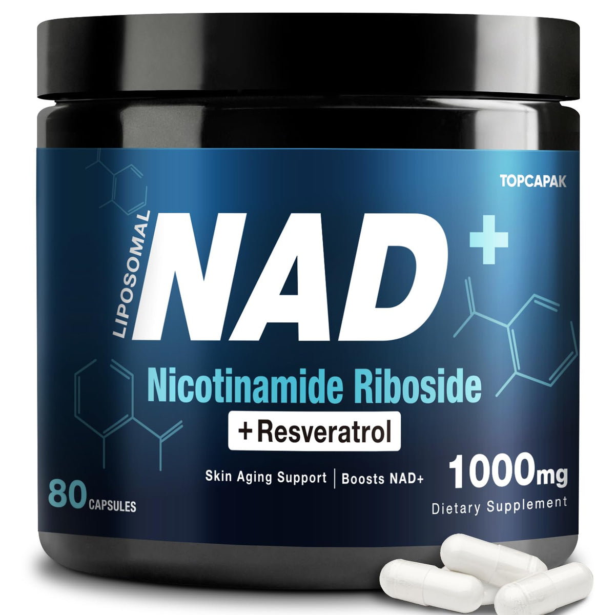 Supplement container labeled 'NAD+ Nicotinamide Riboside + Resveratrol' with capsules on a white background
