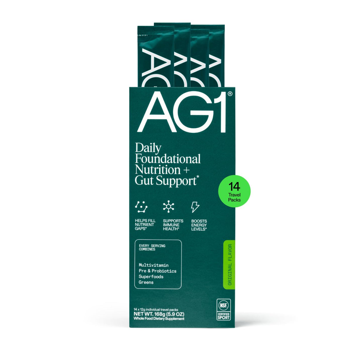 AG1 Daily Foundational Nutrition + Gut Support package on a white background