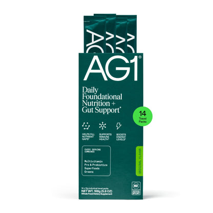 AG1 Daily Foundational Nutrition + Gut Support package on a white background