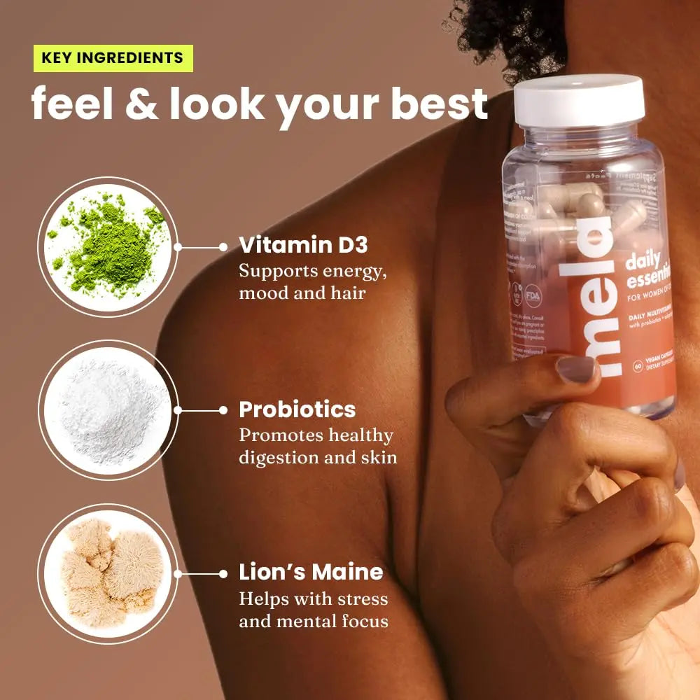 Mela Daily Essentials Multivitamin for Melanated Women - High-Dose Vitamin D3 and B12, Probiotics, Lion's Mane, Ceylon Cinnamon Mela