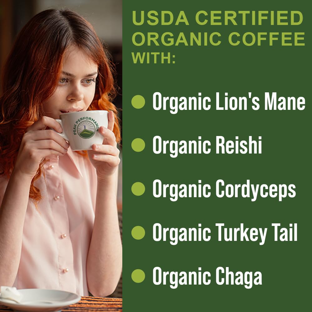 Organic Mushroom Coffee Pods with Lion's Mane, Reishi, Cordyceps, Turkey Tail, and Chaga Mushrooms. High Altitude, Low Acid, Smooth Tasting, Fair Trade, Instant Nootropic Coffee (Medium Roast Ground) Peak PerformanceBuy Supplements Australia