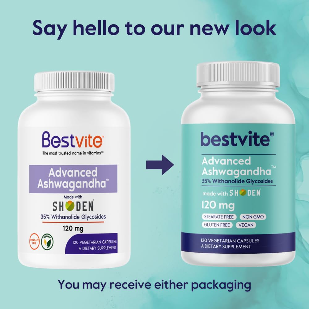 BESTVITE Advanced Ashwagandha 120mg w/Shoden (120 Vegetarian Capsules) - Clinically Studied Containing Industry Leading 35% Withanolide Glycosides - No Stearates - Vegan - Non GMO - Gluten Free BESTVITEBuy Supplements Australia