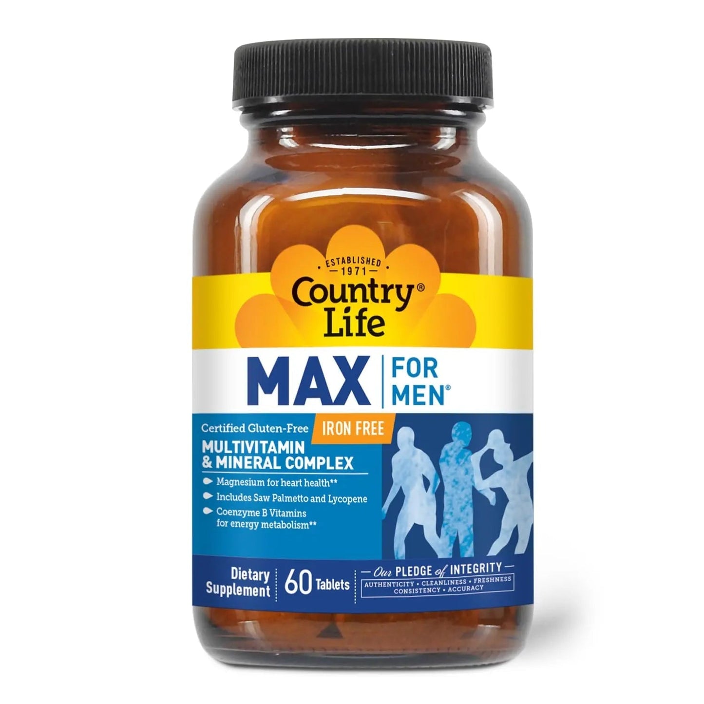 Country Life Max for Men, Multivitamin & Mineral complex, Iron-Free, Vegetarian Tablets, 60 Count, Certified Gluten Free, Certified Vegetarian Country Life