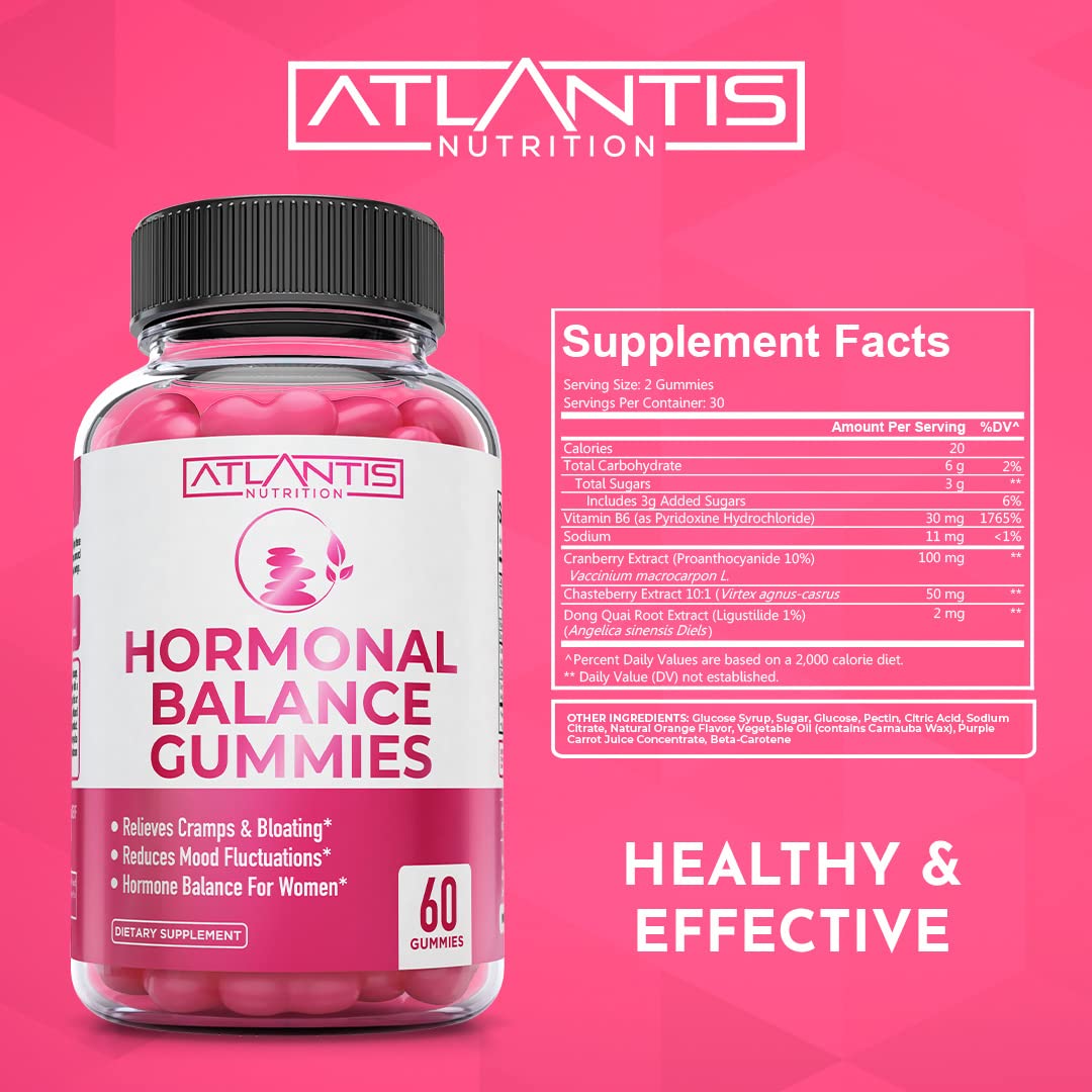 Atlantis Nutrition Hormonal Balance for Women & PMS Relief Gummies - Alleviates Cramps, Bloating, Mood Swings, Hot Flashes & Night Sweats - Cranberry, Dong Quai & Chasteberry Menstrual Cramp Relief Atlantis NutritionBuy Supplements Australia