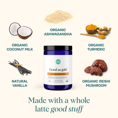 Ora Organic Golden Milk Powder - Ayurvedic Turmeric Powder with Organic Adaptogens - Ashwagandha, Reishi and Ginger | Organic, Gluten-Free, Soy-Free, Vegan, Non-GMO - Maple & Vanilla, 30 Servings Ora OrganicBuy Supplements Australia
