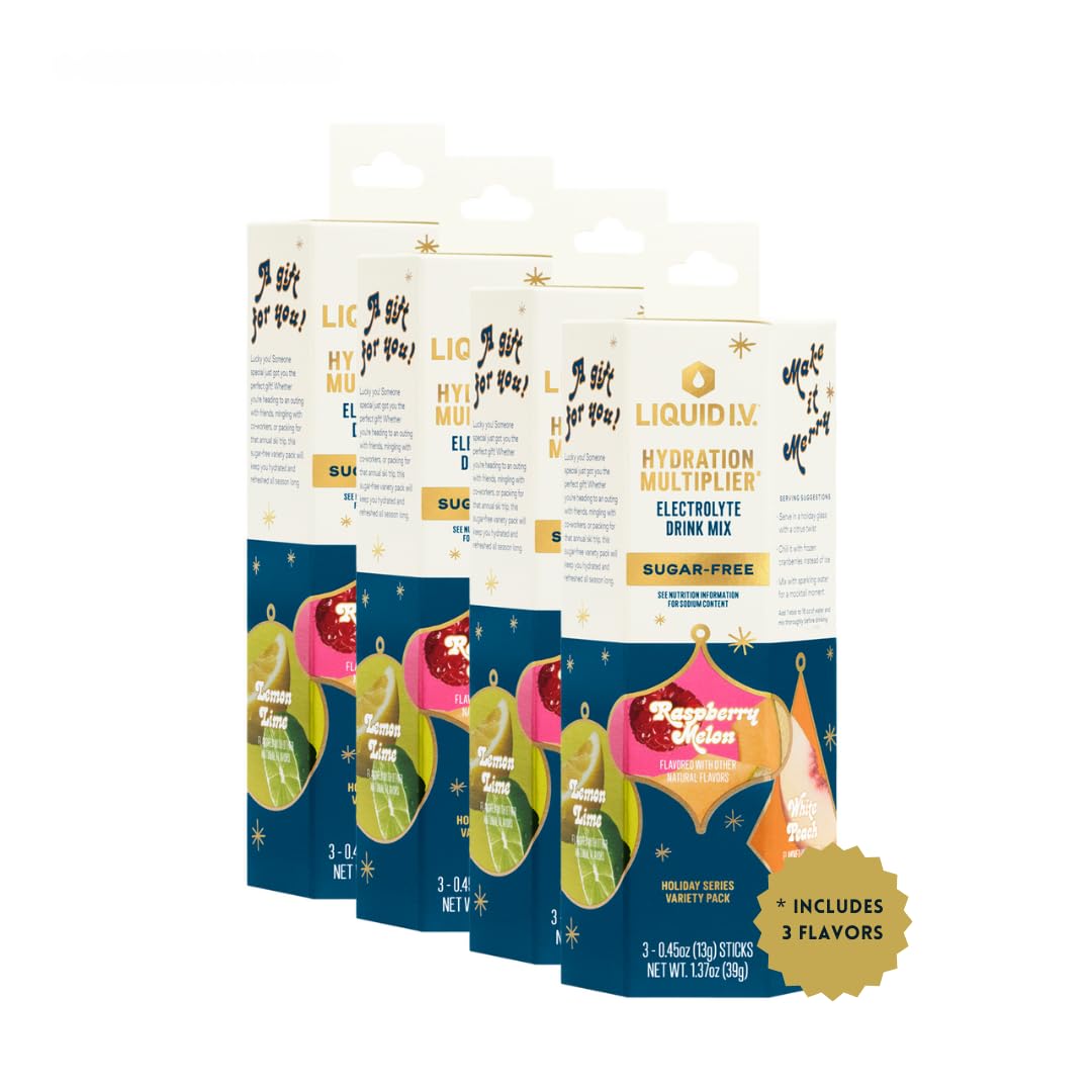 Liquid I.V.® Hydration Multiplier Sugar-Free - Variety Pack Stocking Stuffer - Raspberry Melon, Lemon Lime, and White Peach - 4 Pack (12 Sticks) Liquid I.V.Buy Supplements Australia