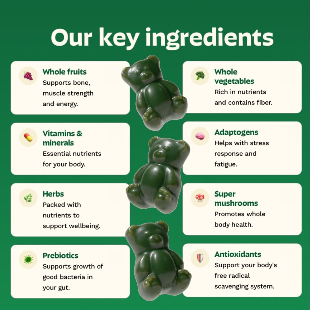 Gruns Adult Super Greens Multivitamin Gummies, Superfood Gummy Vitamins for Women and Men with Spirulina, Chlorella