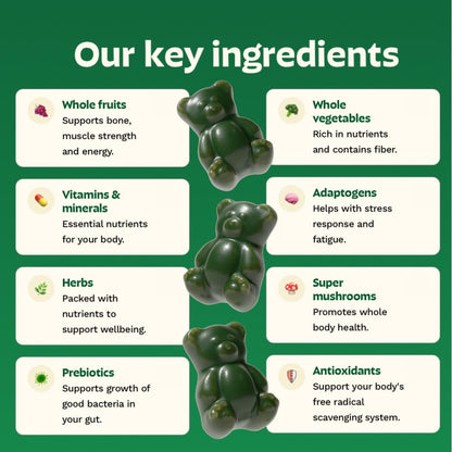 Gruns Adults Super Greens Gummies, Multivitamin Superfood Gummy Bears, Spirulina, Chlorella, Prebiotics & Fiber Gummies for Digestive Health GrünsBuy Supplements Australia