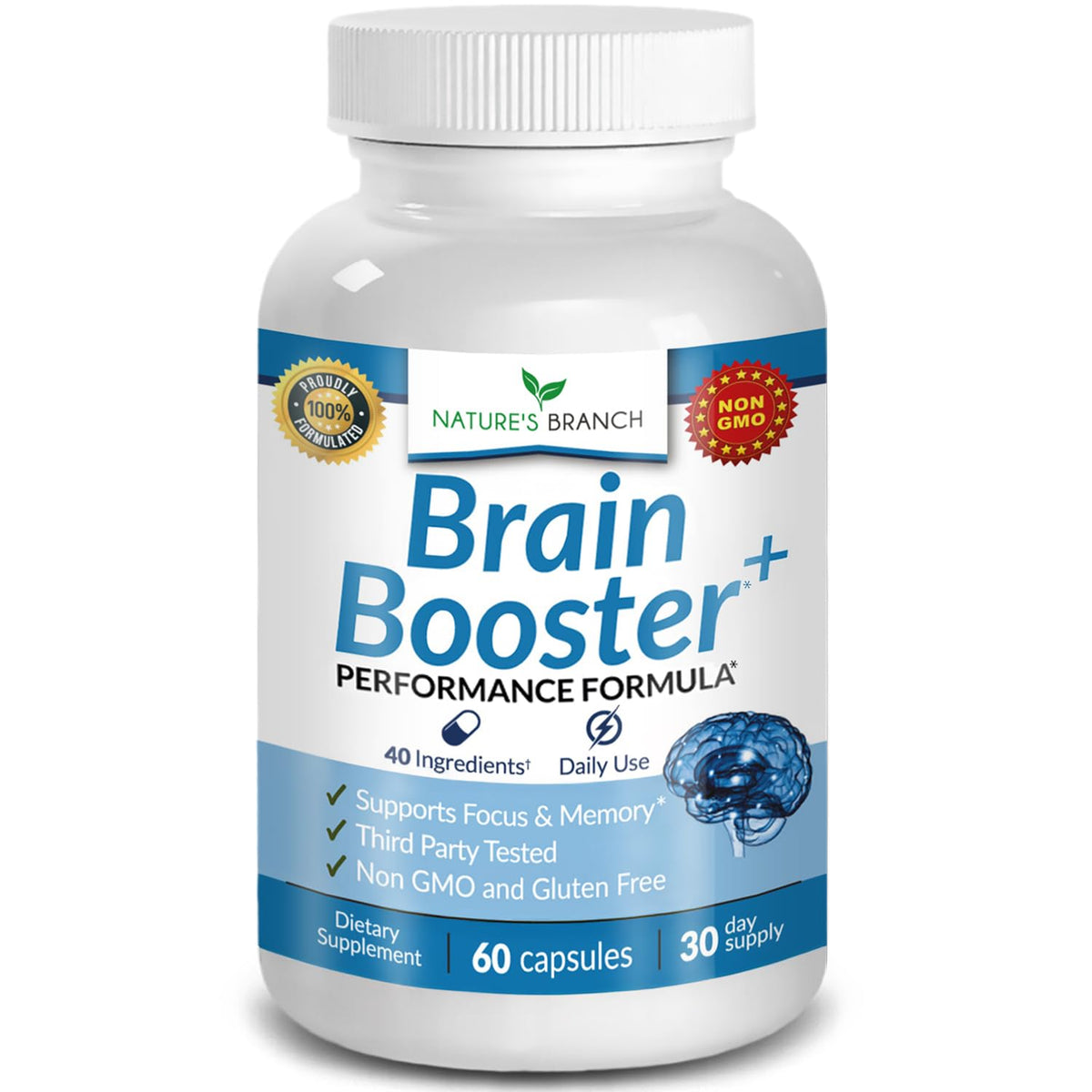 40-in-1 Brain Booster Supplement for Focus, Memory, Clarity, Energy | Advanced Vitamins Plus eBook | for Men & Women, Cognitive Function Nootropic Support with DMAE, Mind Health Formula | 60 Capsules NATURE'S BRANCHBuy Supplements Australia