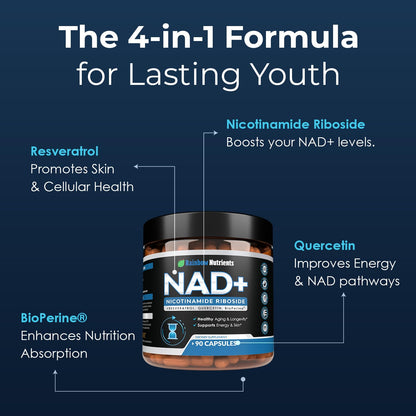 2010 MG NAD+ Supplement- Nicotinamide Riboside, Resveratrol, Quercetin & BioPerine® (High Absorption)- Natural NAD Booster for Anti-Aging, Cellular Energy, Skin- For Women & Men- 90 V Capsules Rainbow Nutrients, LLCBuy Supplements Australia