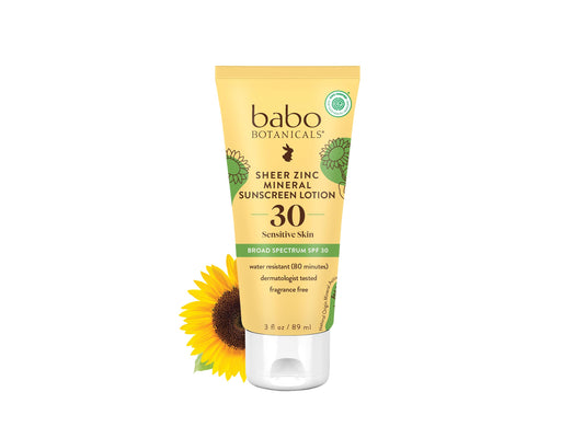 Babo Botanicals Zinc Sunscreen Lotion SPF 30 with 100% Mineral Actives, Non-Greasy, Water-Resistant, Fragrance-Free
