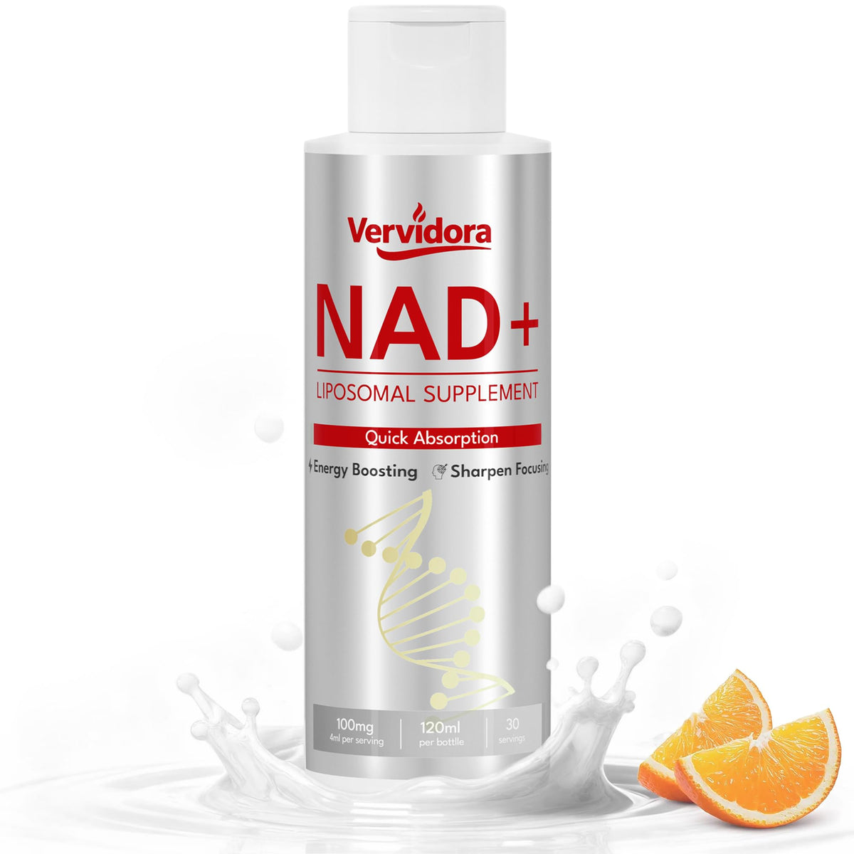Vervidora NAD+ liposomal supplement bottle with orange slices on a white background