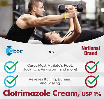 Globe Clotrimazole Antifungal Cream 1% USP (1 oz), Anti Fungal Treatment, Relieves Itching, Burning, Cracking and Scaling Associated Athletes Foot, Jock Itch, Ringworm and More Globe Pharmacy buy supplements Au