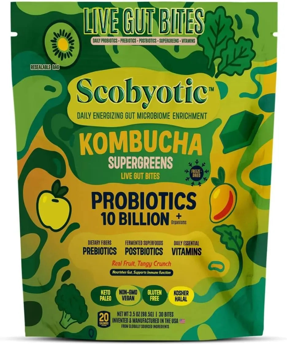 Scobyotic® Kombucha Supergreens Live Gut Bites – 10 Billion CFU Probiotics + Prebiotics & Postbiotics – Kombucha & Supergreens – Freeze-Dried Probiotic Supplement ScobyoticBuy Supplements Australia