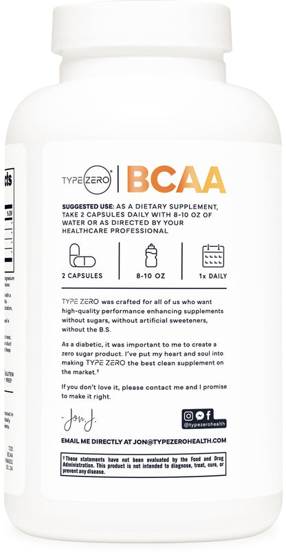 Type Zero BCAA 1000mg (180 Capsules, 90 Servings), Branched Chain Amino Acids (500mg of L-Leucine, 1000mg of L-Isoleucine and L-Valine) Type ZeroBuy Supplements Australia