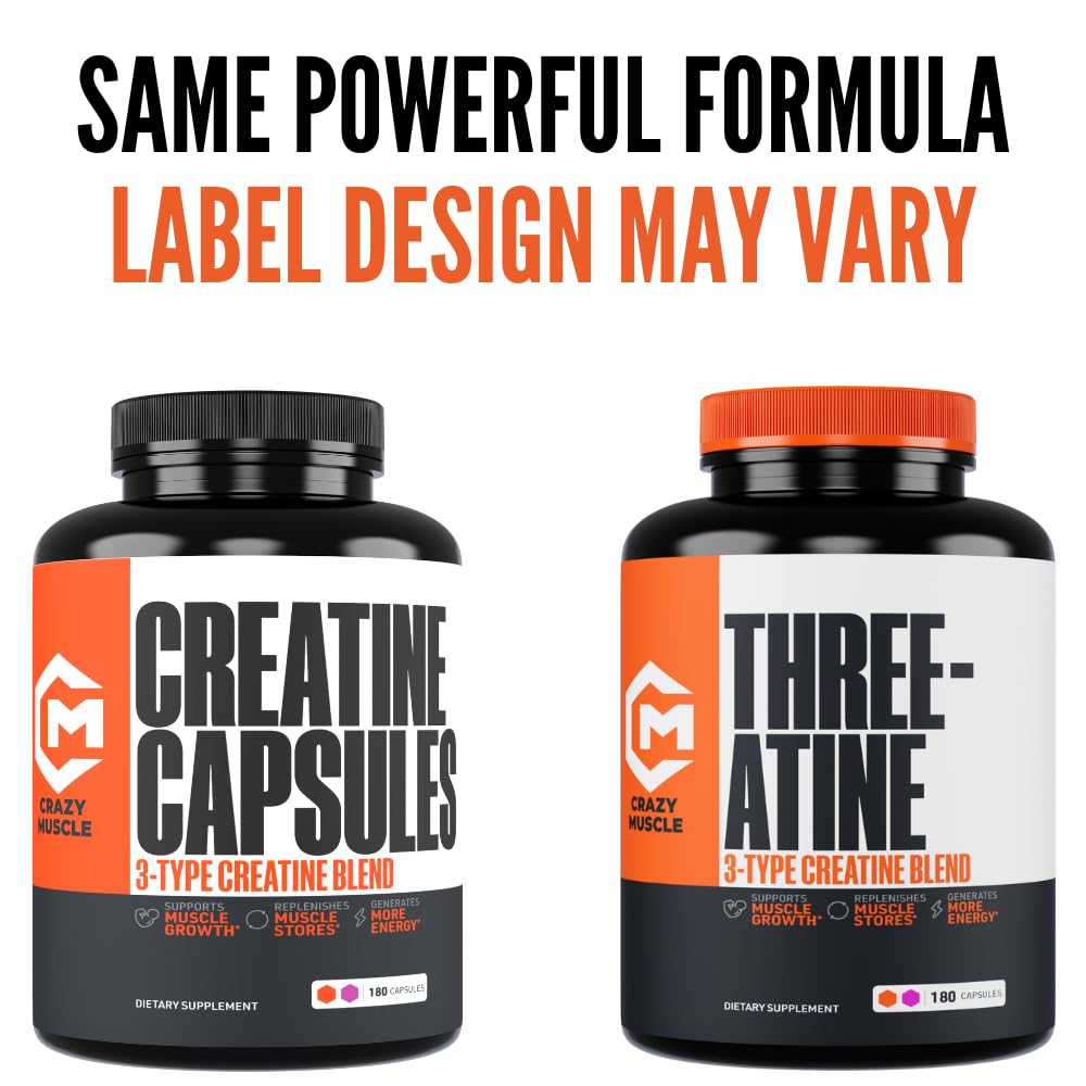 Creatine Capsules, 5g Premium 3X ThreeAtine Pre Workout Bulk Muscle Mass Gainer, High Absorption Easy to Take Creatine Monohydrate Pills Alternative Optimum Performance for Men Women, 180 Capsules Crazy MuscleBuy Supplements Australia