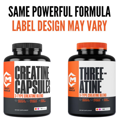 Creatine Capsules, 5g Premium 3X ThreeAtine Pre Workout Bulk Muscle Mass Gainer, High Absorption Easy to Take Creatine Monohydrate Pills Alternative Optimum Performance for Men Women, 180 Capsules Crazy MuscleBuy Supplements Australia