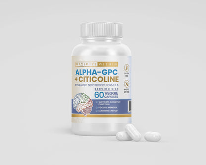 Maximize Within Alpha GPC + Citicoline 60 Ct, 1600mg Concentrated Formula- 99%+Highly Purified & Bioavailable Nootropic-Cognitive Enhancer, Supports Memory, Brain Function, Boosts Focus, Mood & Energy Maximize WithinBuy Supplements Australia