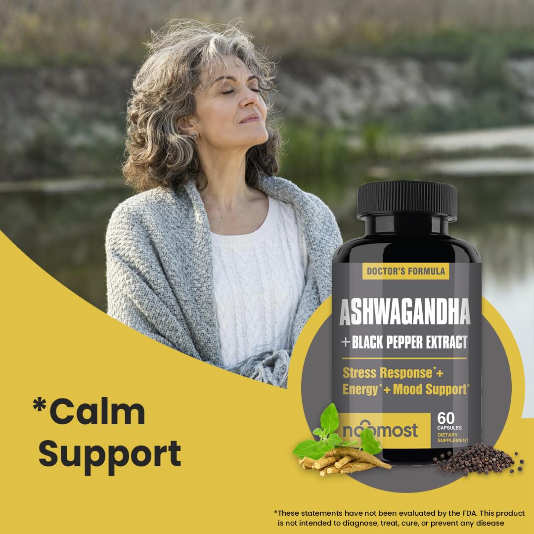 NooMost Organic Ashwagandha 400mg Capsules w/Black Pepper Extract as Vegan Ashwagandha Supplements for Anti Stress Relief, Natural Mood Support, Energy & Focus-60 Capsules NooMostBuy Supplements Australia