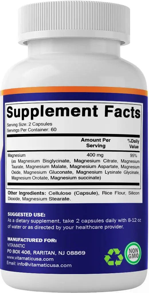 Vitamatic Magnesium Complex, 400mg Elemental MG (as Bisglycinate, Citrate, Taurate, Malate, Aspartate, Oxide, Gluconate, Lysinate Glycinate, Orotate, Succinate) - 120 Capsules per Pack - 2 Pack Vitamatic buy supplements Au