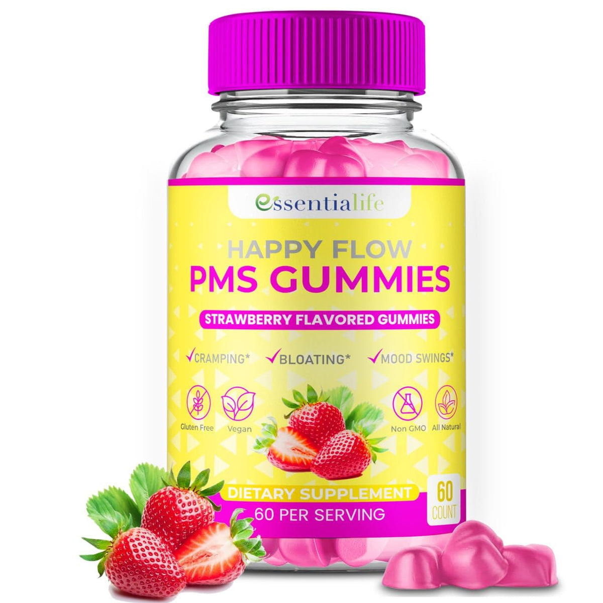 PMS Gummies - Happy Flow PMS Support Supplement for Women - Strawberry PMS Relief Supplement with Vitamin B6 for Hormone Balance, Period Support, Cramps, Hormonal Acne & Bloating Relief (60 Count) EssentialifeBuy Supplements Australia