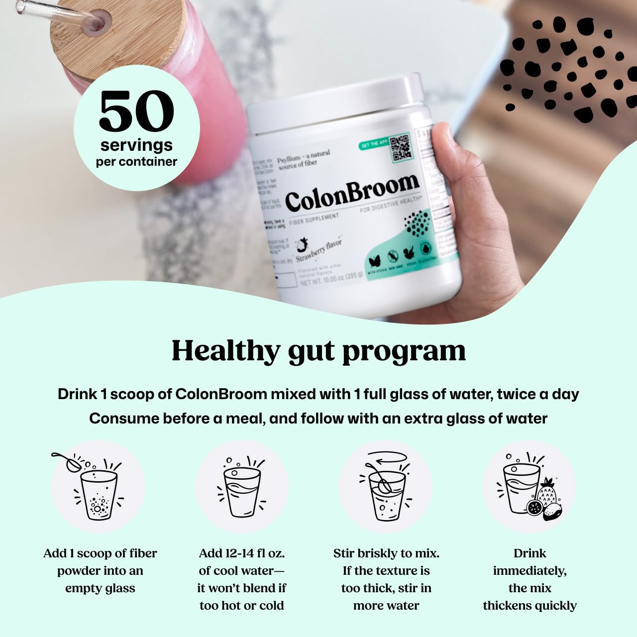 ColonBroom Psyllium Husk Powder - Colon Cleanse for Bloating Relief & Gut Health - Fiber Powder Drink - Easy to Mix - Vegan, Gluten Free, Non-GMO - Strawberry (50 Servings) ColonBroomBuy Supplements Australia