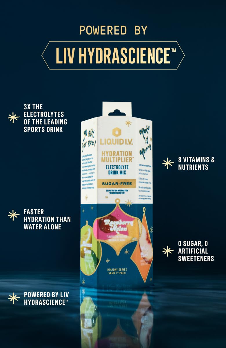 Liquid I.V.® Hydration Multiplier Sugar-Free - Variety Pack Stocking Stuffer - Raspberry Melon, Lemon Lime, and White Peach - 4 Pack (12 Sticks) Liquid I.V.Buy Supplements Australia