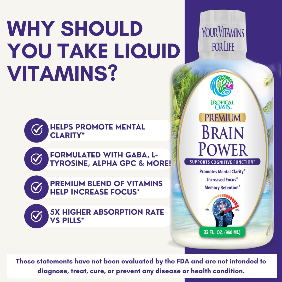 Tropical Oasis - Brain Power | Liquid Nootropic Supplement - Promotes Mental Clarity, Focus, and Memory Retention (Unflavored, 32 Servings) Tropical OasisBuy Supplements Australia