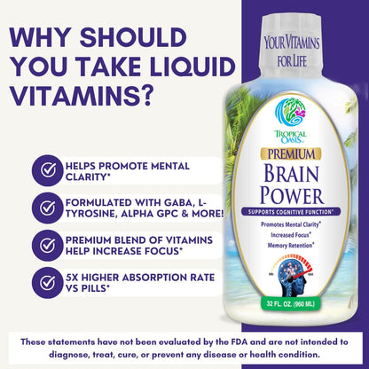 Tropical Oasis - Brain Power | Liquid Nootropic Supplement - Promotes Mental Clarity, Focus, and Memory Retention (Unflavored, 32 Servings) Tropical OasisBuy Supplements Australia
