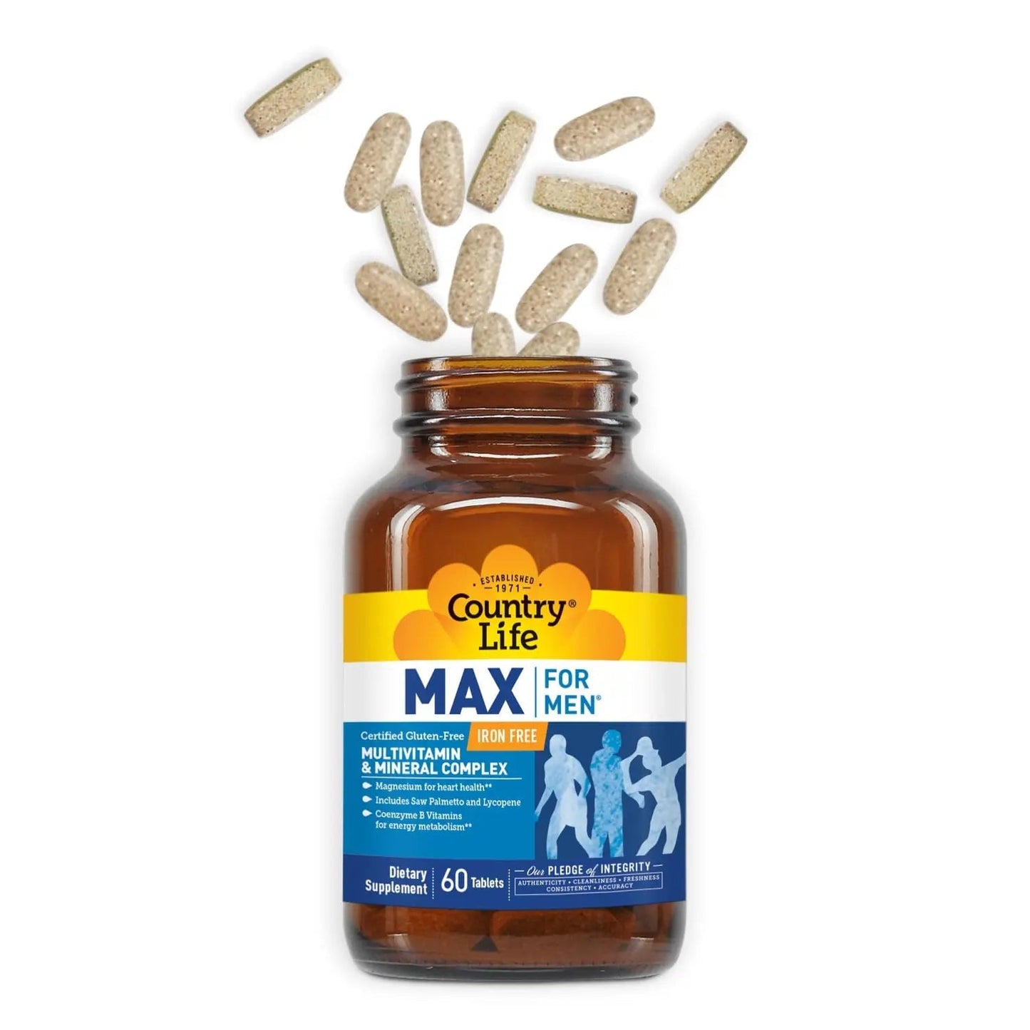 Country Life Max for Men, Multivitamin & Mineral complex, Iron-Free, Vegetarian Tablets, 60 Count, Certified Gluten Free, Certified Vegetarian Country Life
