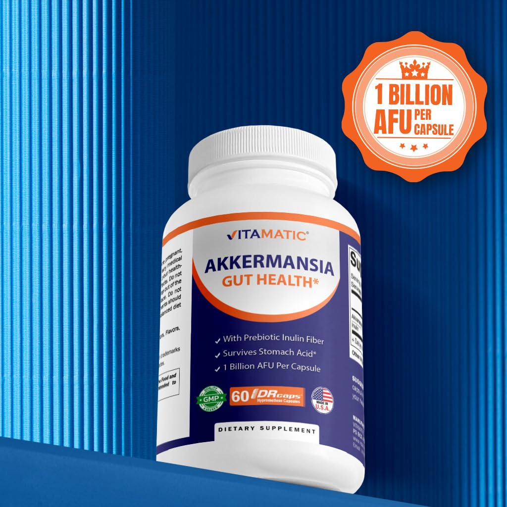 Vitamatic Akkermansia Muciniphila Gut Health - 60 DR Capsules (Delayed Released) - Made with Prebiotic Inulin Fiber