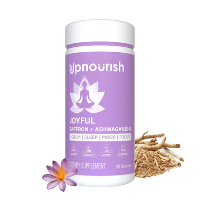 UpNourish Organic Ashwagandha Saffron Supplements with Probiotics - Stress Relief, Mood Enhancer, Calm Happy Pills Support Fatigue Focus Clarity with L-Theanine, Rhodiola, 30 Vegan Capsules UpNourish buy supplements Au