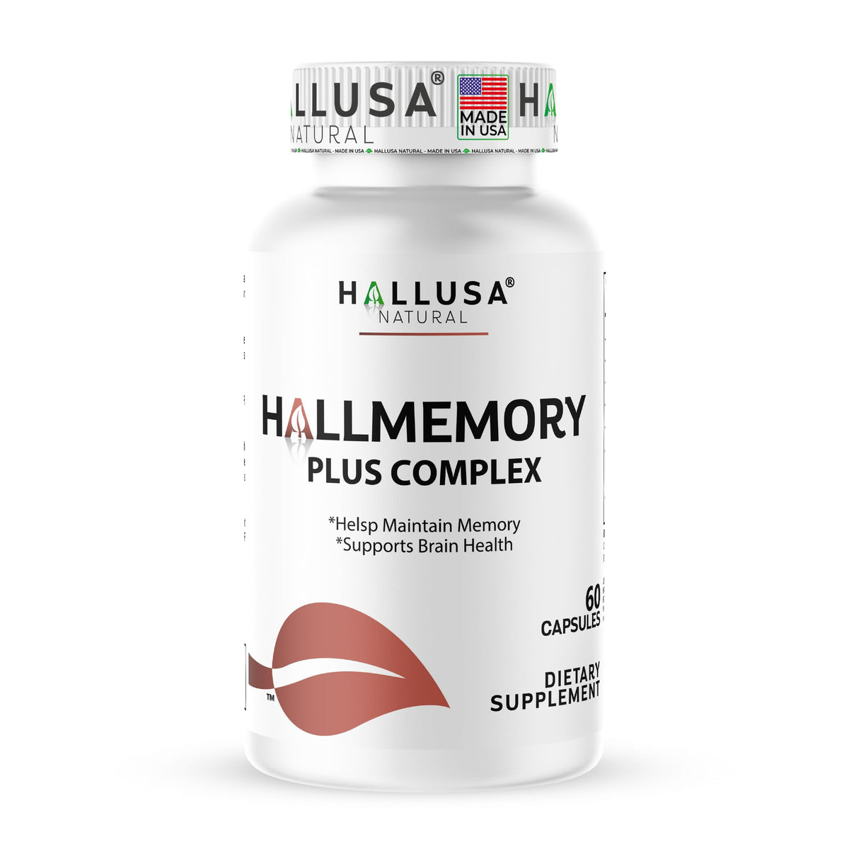 Supplement bottle labeled 'HALLUSA Natural HALLMEMORY PLUS COMPLEX' on a white background