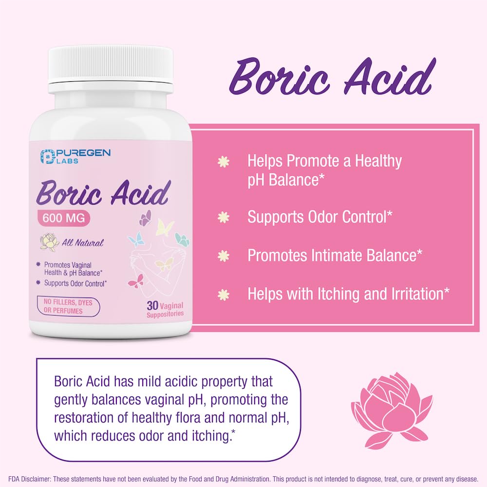 Puregen Labs Boric Acid 600 mg Vaginal Suppositories - 100% Pure | All Natural Without Dyes or Fillers P Puregen LabsBuy Supplements Australia