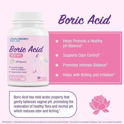 Puregen Labs Boric Acid 600 mg Vaginal Suppositories - 100% Pure | All Natural Without Dyes or Fillers P Puregen LabsBuy Supplements Australia